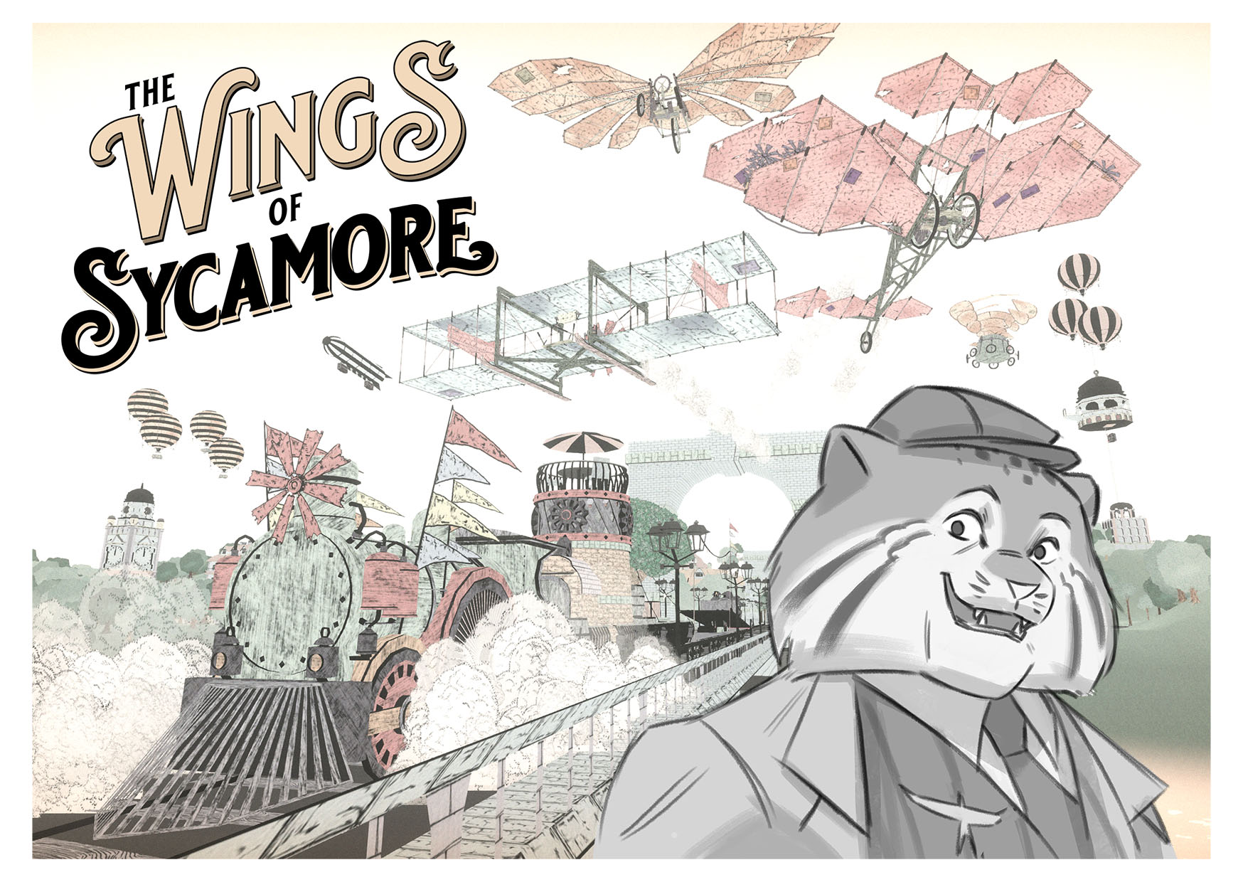 Wings of Sycamore logo. Also pictured - 3 aircraft in flight, a steam train, and an illustration of Captain Maurice Sycamore - the legendary aviator who is also a cat.